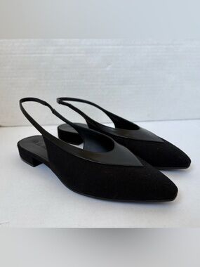 Loro Piana Black Wool Leather Slingback Flats Rebecca Sz 39 Classic Pointy Toe